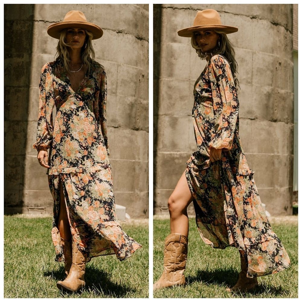 Baltic Born Bowman Navy Floral Deep V Long Sleeve Maxi Dress